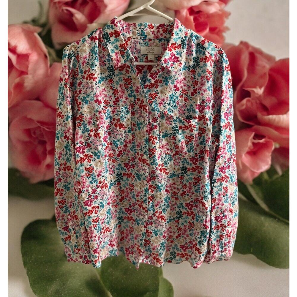 Charter Club Size Large Linen Blouse Top Button Down Shirt Floral Pink Blue Top